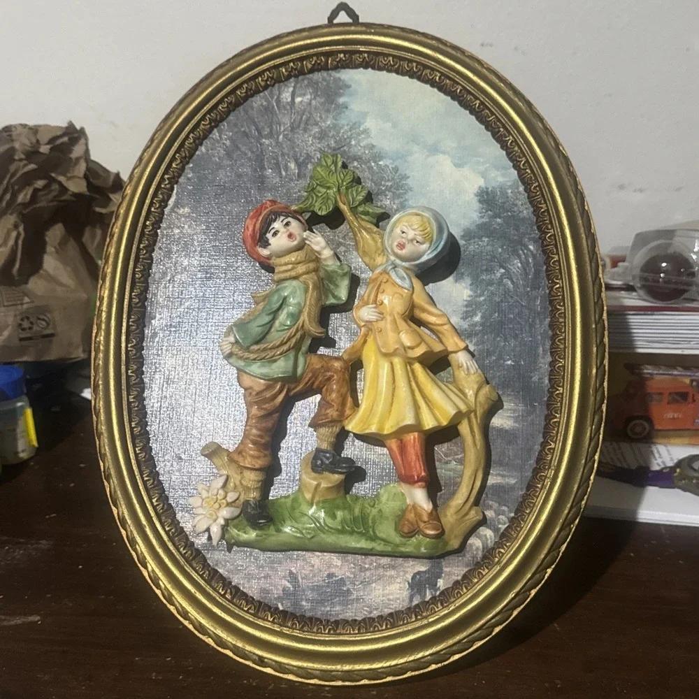 Vintage Italian 3D Bas‎ Relief Plaques — Children Scene Gold Frames 1950s